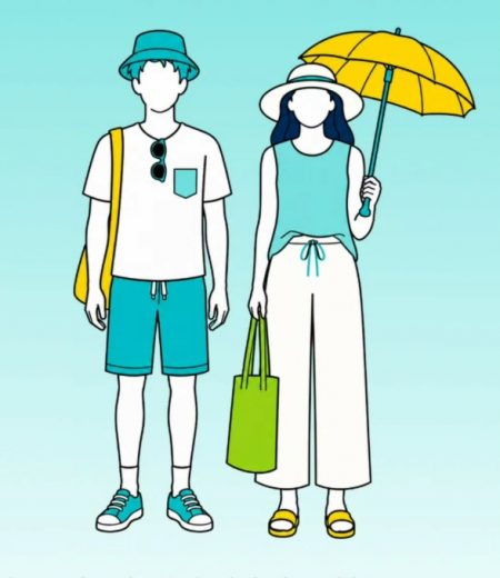 兩個角色穿著適合夏季的服裝，寬鬆的褲子和襯衫，以及帽子、太陽眼鏡和陽傘。.
