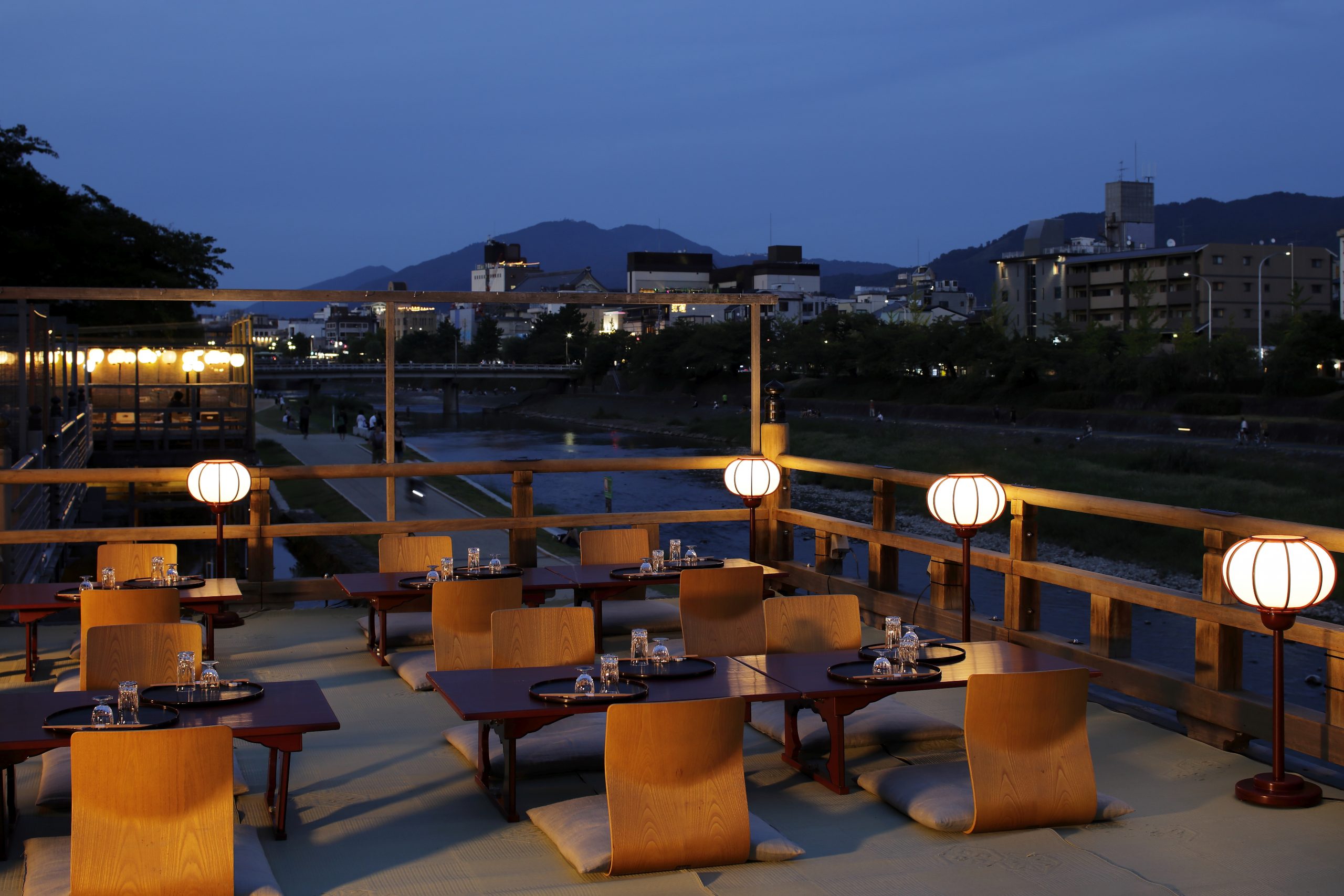 Terrace seating at Honke Tankuma Honten in Kyoto